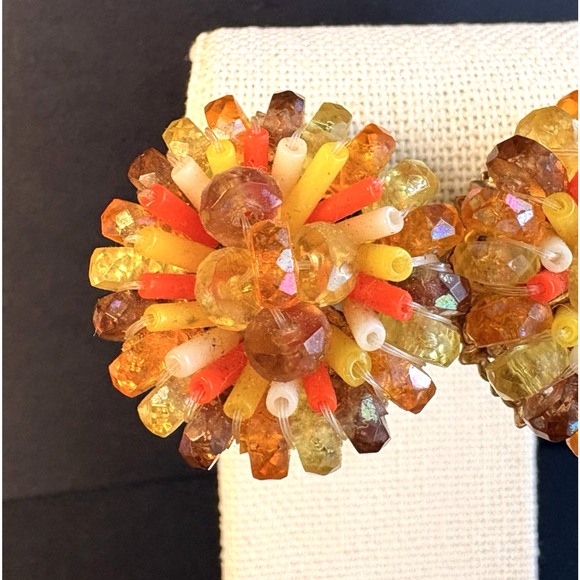 Vintage Vendome Orange Yellow Acrylic Round Adjustable Patented Clip On Earrings - Picture 2 of 8